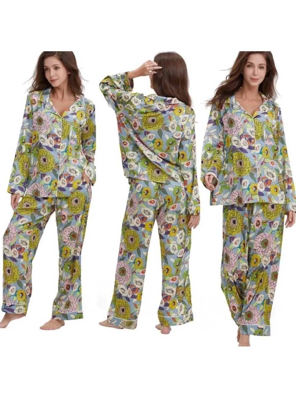 YiNi LuLu Silky Satin Botanical Floral Garden Boho Pajamas Sleep Lounge Set M